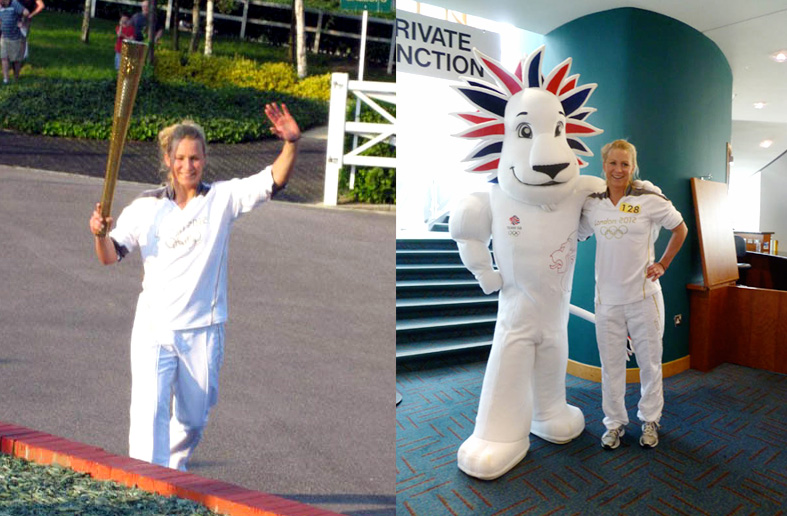 Suzanne running her leg of the torch relay and posing with Pride the Lion, official mascot of Team Great Britain for the 2012 London Summer Olympic Games